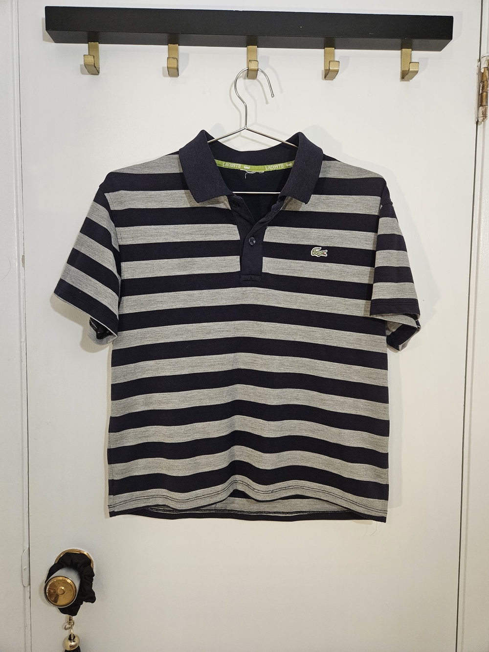 Lacoste Navy and Gray Striped Polo with Crocodile Logo